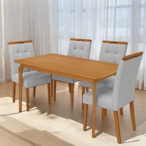 Mesa Alegra 120 Cinamomo com 4 Cadeiras Sophia Linho Cinza Prata 206 – JCM MOVELARIA + WM DECOR