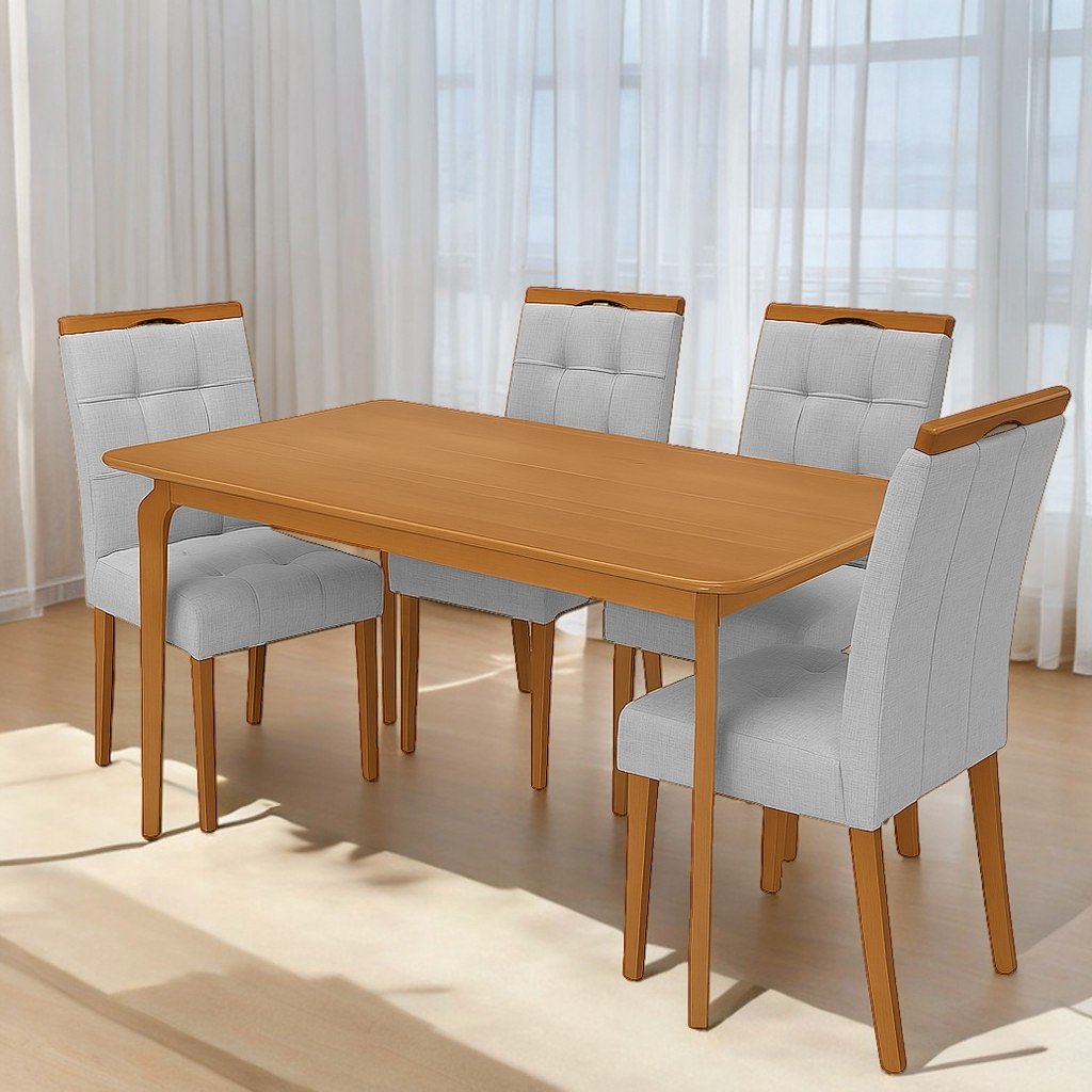 Mesa Alegra 120 Cinamomo com 4 Cadeiras Sophia Linho Cinza Prata 206 – JCM MOVELARIA + WM DECOR