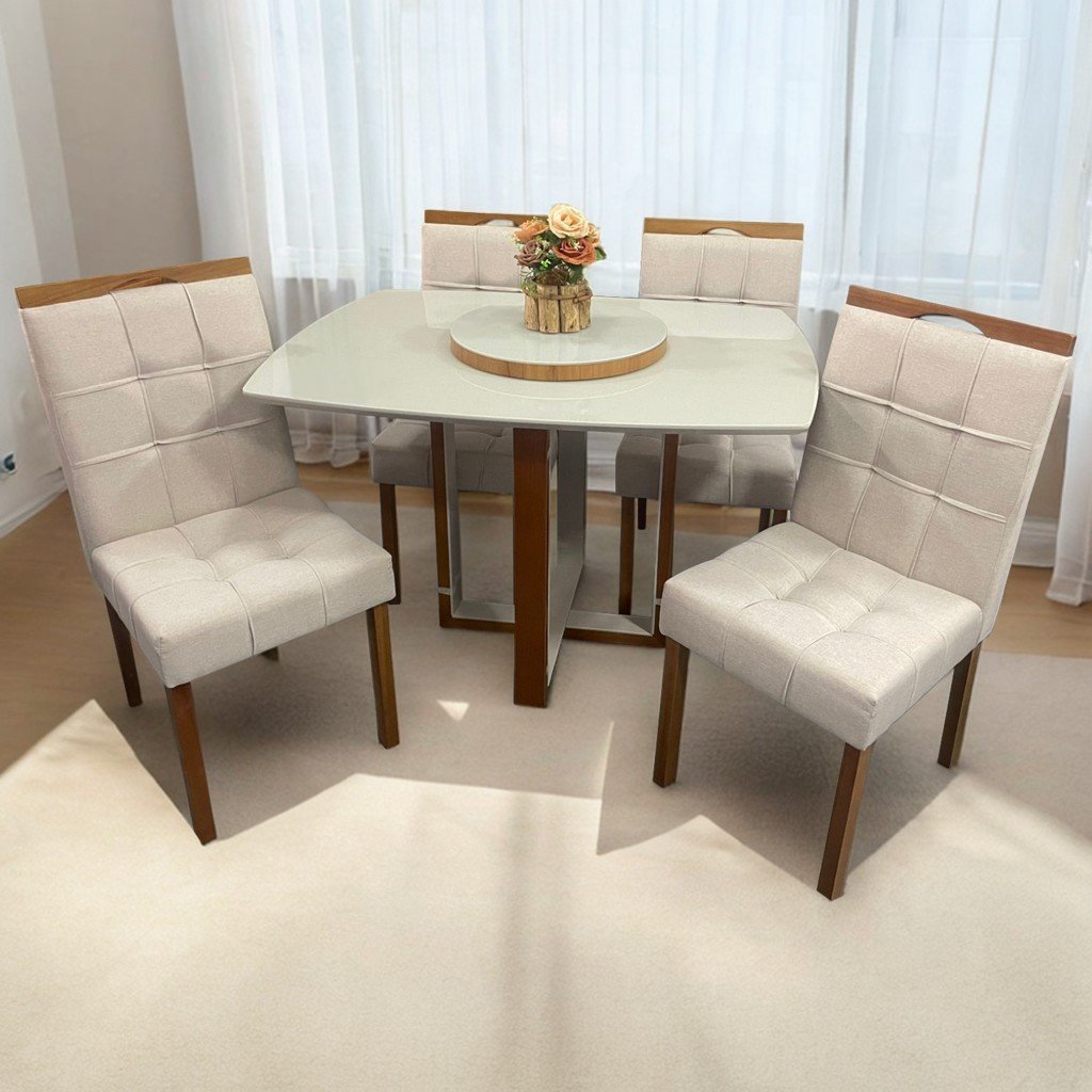 Mesa Atlas Mel/Off White Canto Barril 120×90 com 4 Cadeiras Sophia Mel/Linho Bege 200 – ART ASSENTOS + WM DECOR