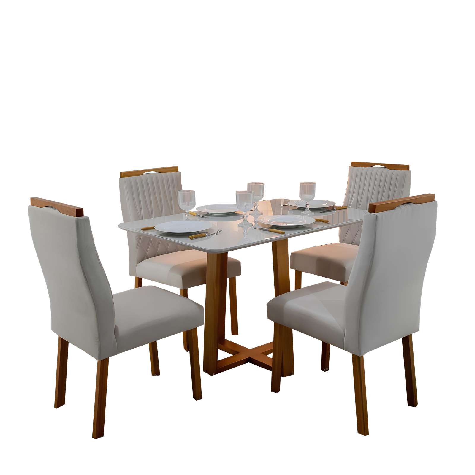Mesa Pedro 120 Mel/Off White com 4 Cadeiras Gênova Veludo Marfim – ART ASSENTOS - Imagem 3