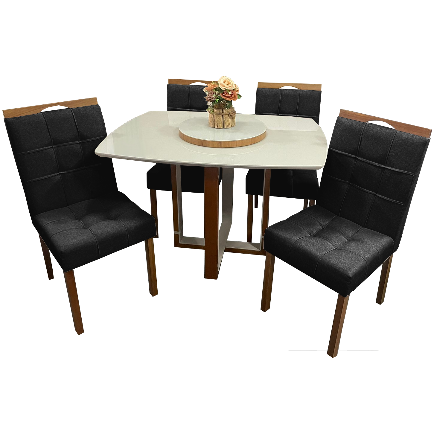 Mesa Atlas Mel/Off White Canto Barril 120×90 com 4 Cadeiras Sophia Mel/Veludo Preto – ART ASSENTOS + WM DECOR - Imagem 3