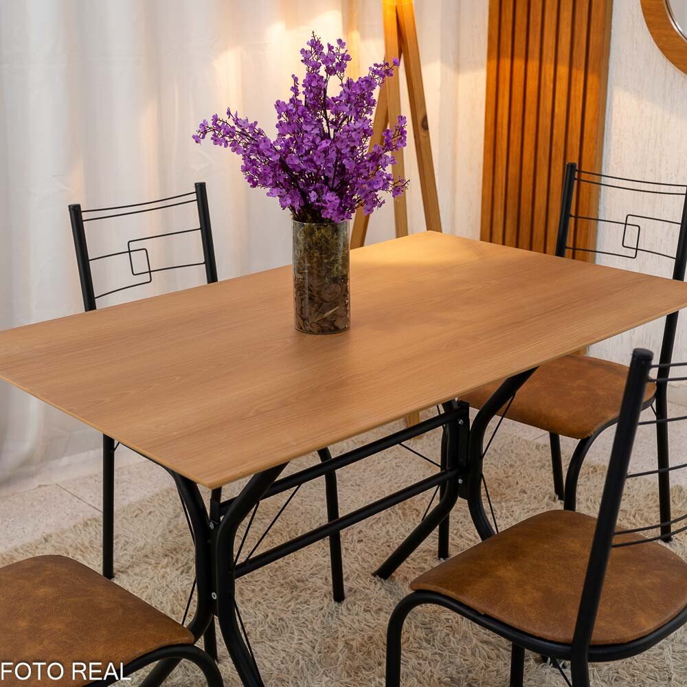 Mesa Paraty Base Cabo Frio Preto Tampo Madeirado 120×75 4 Cadeiras Paraty Assento Marrom - Teixeira - Imagem 4