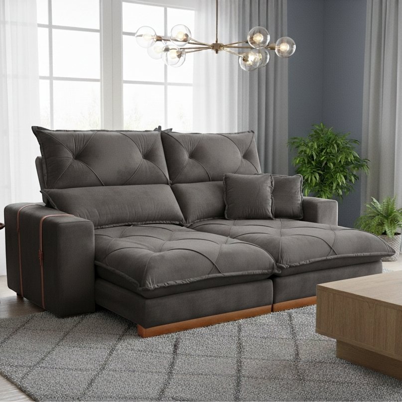 Sofá Retrátil e Reclinável Gran Bello Light 2,50 m Veludo Cinza - QUINE ESTOFADOS