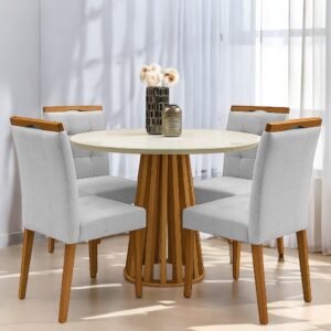 Mesa Redonda Berlim 100 Cinamono/Off White com 4 Cadeiras Sophia Linho Cinza Prata 206 – CEL MÓVEIS + WM DECOR