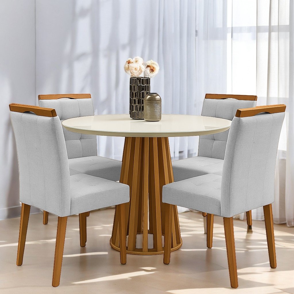 Mesa Redonda Berlim 100 Cinamono/Off White com 4 Cadeiras Sophia Linho Cinza Prata 206 – CEL MÓVEIS + WM DECOR