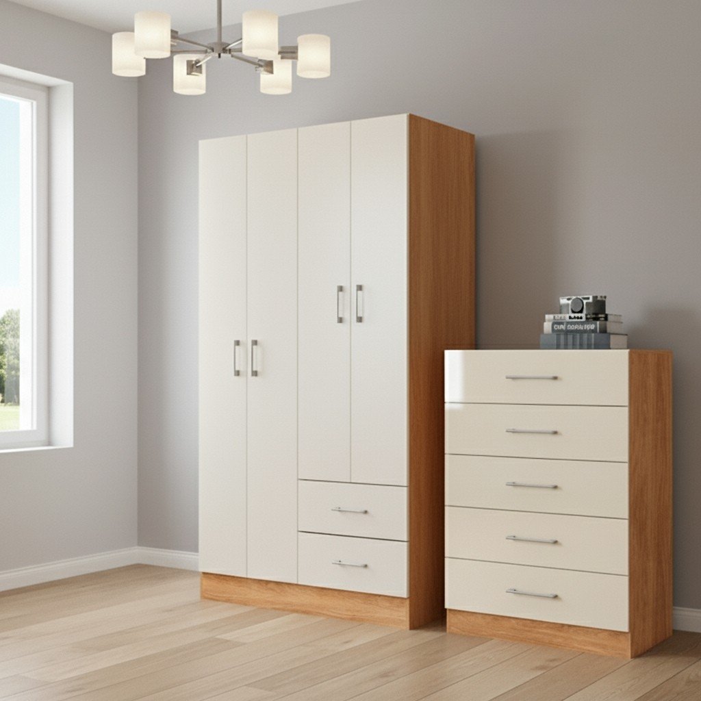 Guarda-Roupa 4 Portas Panamá 4002 + Cômoda 5 Gavetas Aruba Cinamomo/Off White – FELLICCI