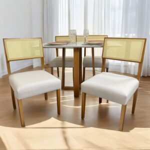 Mesa Pedro 120 Mel/Off White + 4 Cadeiras Grécia Mel/Linho Bege – ART ASSENTOS + HR MOVELARIA