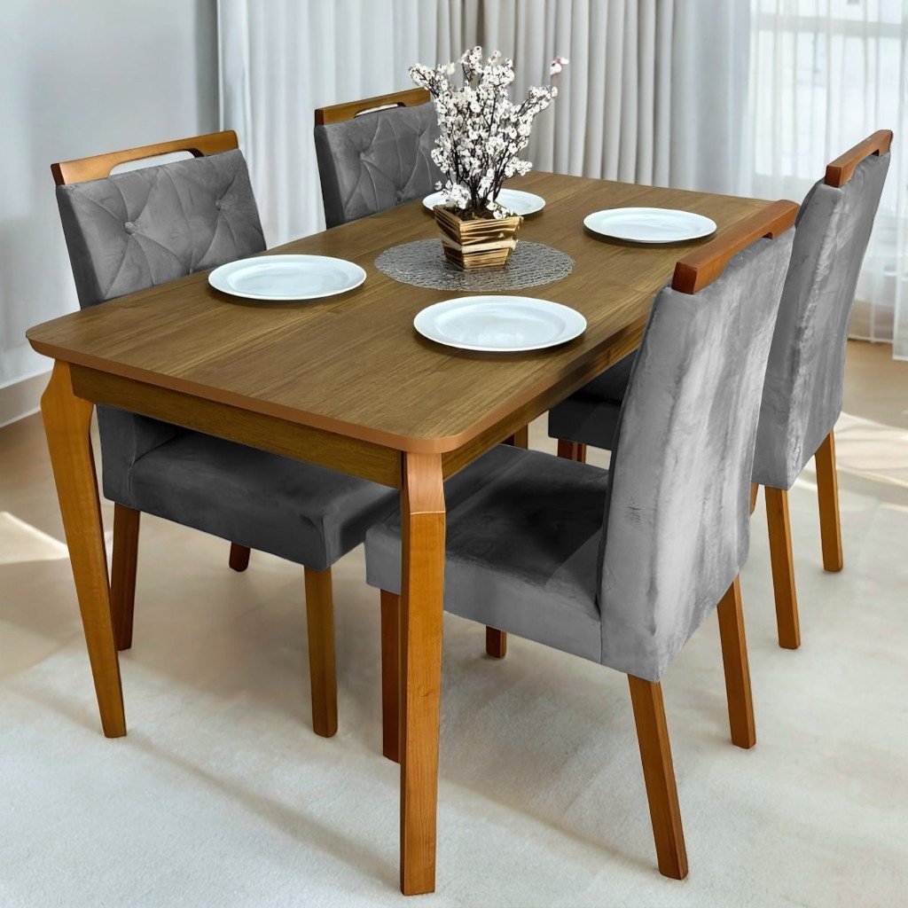 Mesa Alegra 120 Cinamomo com 4 Cadeiras Yasmim Veludo Cinza Grafite – JCM MOVELARIA + KM DECOR