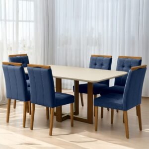 Mesa Atlas Mel/Off White Canto Copo 160×80 com 6 Cadeiras Sophia Veludo Azul – ART ASSENTOS + WM DECOR