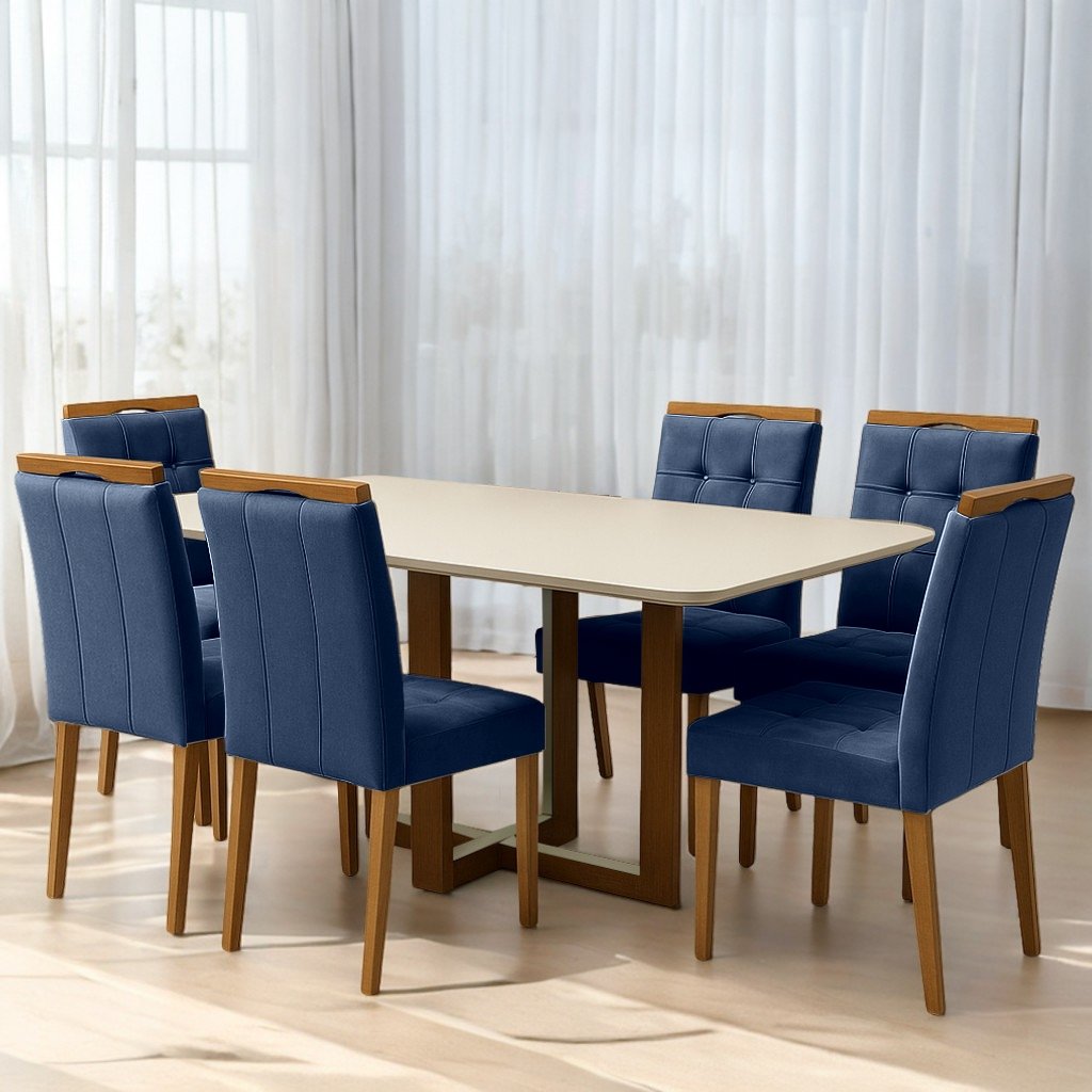 Mesa Atlas Mel/Off White Canto Copo 160×80 com 6 Cadeiras Sophia Veludo Azul – ART ASSENTOS + WM DECOR