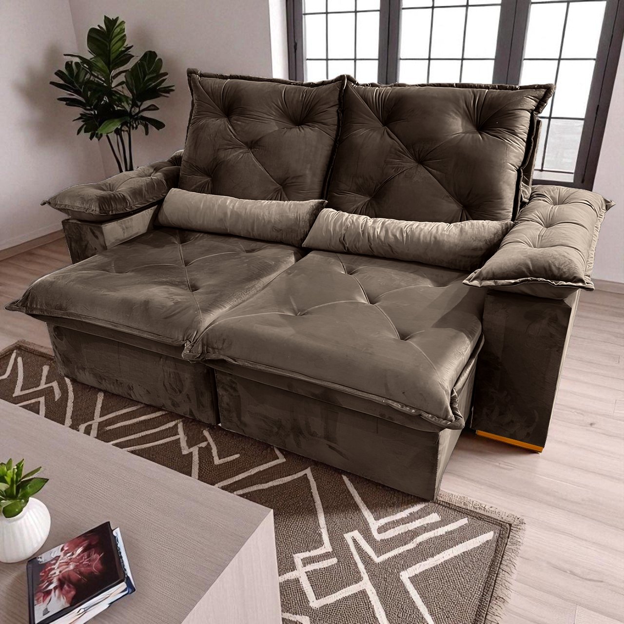 Sofá Retrátil e Reclinável Porto Madero/Brasão 2,00 m Veludo Marrom - IMPERIAL DECOR