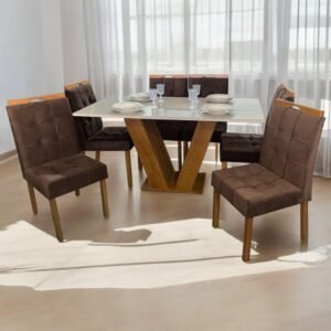 Mesa Classic 160 Cinamomo/Off White com 6 Cadeiras Sophia Mel/Veludo Marrom – CEL MÓVEIS + WM DECOR