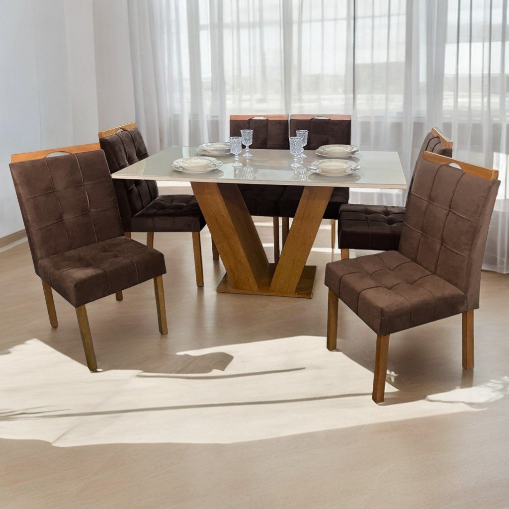 Mesa Classic 160 Cinamomo/Off White com 6 Cadeiras Sophia Mel/Veludo Marrom – CEL MÓVEIS + WM DECOR