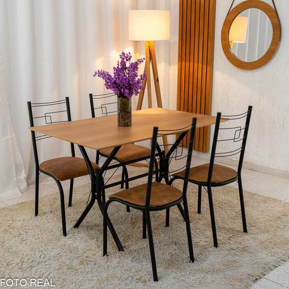 Mesa Paraty Base Cabo Frio Preto Tampo Madeirado 120×75 4 Cadeiras Paraty Assento Marrom - Teixeira - Imagem 3