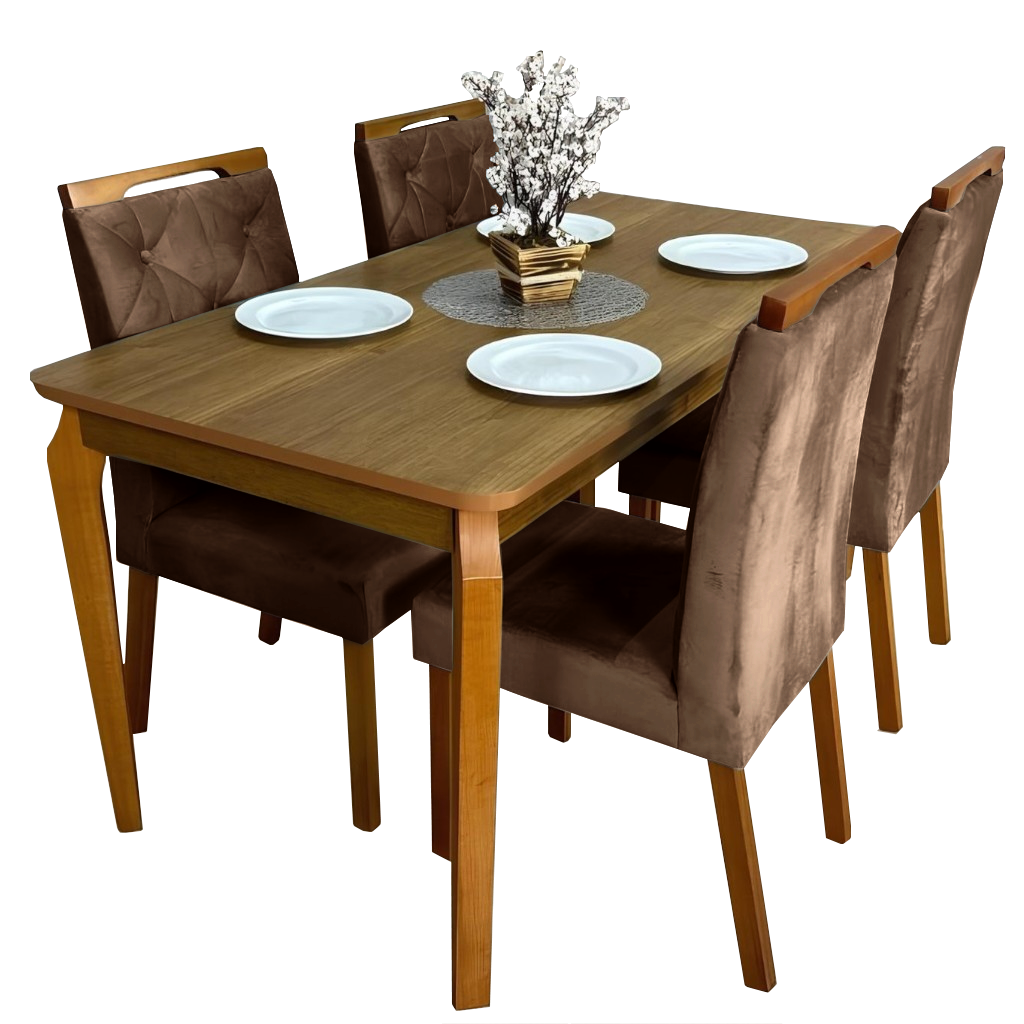 Mesa Alegra 120 Cinamomo com 4 Cadeiras Yasmim Veludo Marrom – JCM MOVELARIA + KM DECOR - Imagem 3