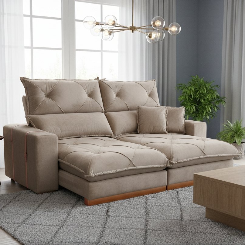 Sofá Retrátil e Reclinável Gran Bello Light 2,50 m Veludo Bege - QUINE ESTOFADOS