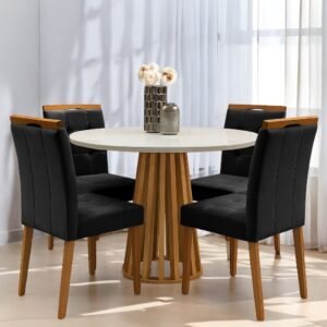 Mesa Redonda Berlim 100 Cinamono/Off White com 4 Cadeiras Sophia Veludo Preto – CEL MÓVEIS + WM DECOR