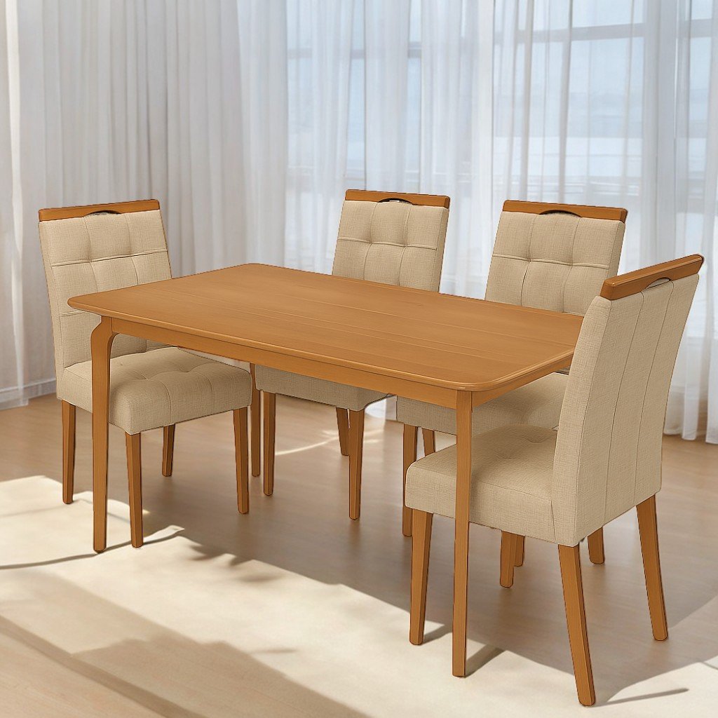 Mesa Alegra 120 Cinamomo com 4 Cadeiras Sophia Linho Bege 200 – JCM MOVELARIA + WM DECOR