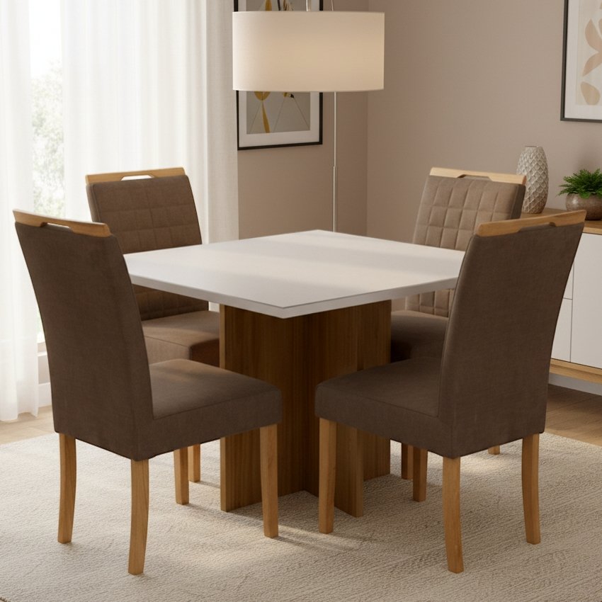 Mesa Salinas/Helô/Los Angeles 120 Cinamomo/Off White com Cadeiras Pandora 01 Veludo Marrom 134 – CEL MÓVEIS + CARVALHO