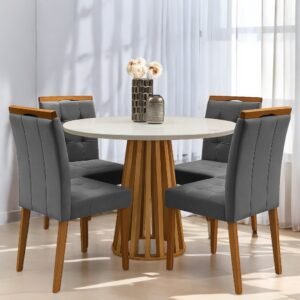Mesa Redonda Berlim 100 Cinamono/Off White com 4 Cadeiras Sophia Veludo Cinza Grafite– CEL MÓVEIS + WM DECOR