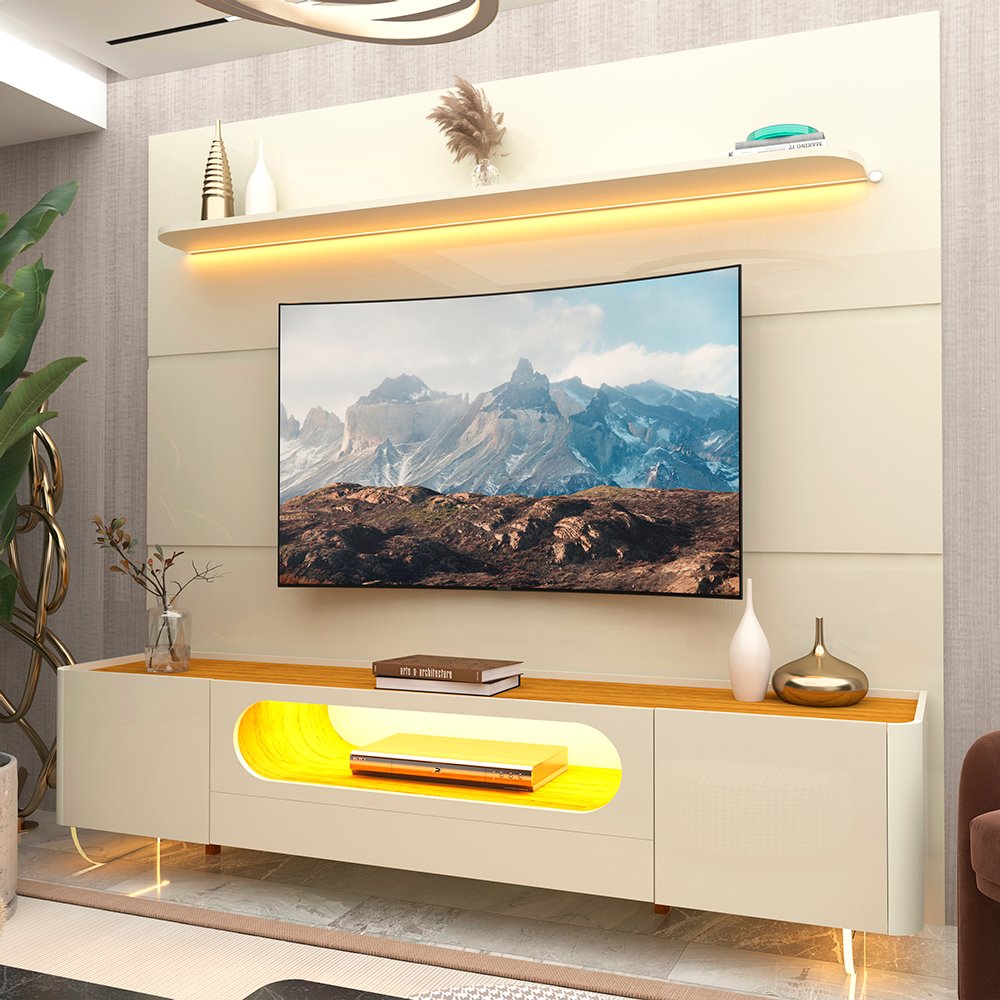 Painel até 85" Royal 220 Off White + Rack Nobre 210 (Pés de Vidro) Off White/Naturale - GELIUS