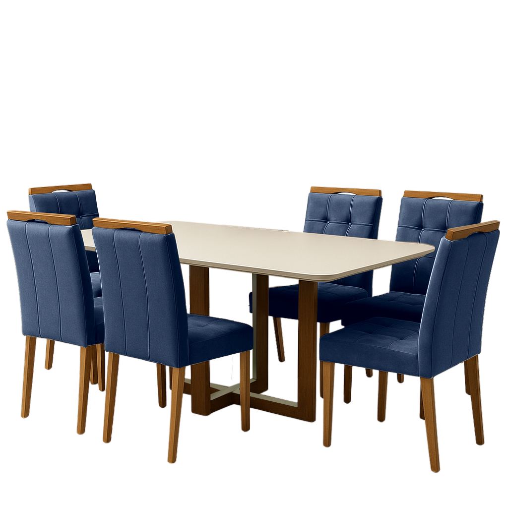 Mesa Atlas Mel/Off White Canto Copo 160×80 com 6 Cadeiras Sophia Veludo Azul – ART ASSENTOS + WM DECOR - Imagem 3