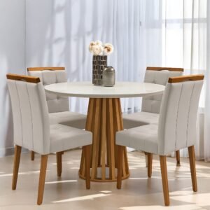 Mesa Redonda Berlim 100 Cinamono/Off White com 4 Cadeiras Sophia Veludo Bege – CEL MÓVEIS + WM DECOR