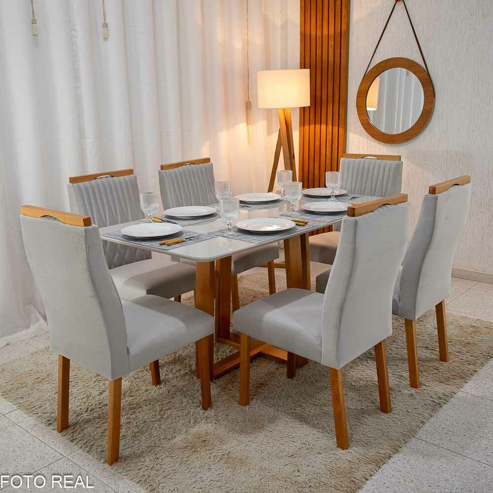 Mesa Pedro Mel Vidro OFF 160×80 6 Cadeiras Genova Veludo Prata 514 Madeira Maciça Art Assento - Entregue Montada - Imagem 2