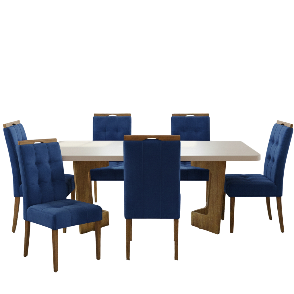 Mesa Liz 160 (Tampo 40 mm) Cinamomo/Off White com 6 Cadeiras Sophia Veludo Azul – VALDEMÓVEIS + WM DECOR - Imagem 3