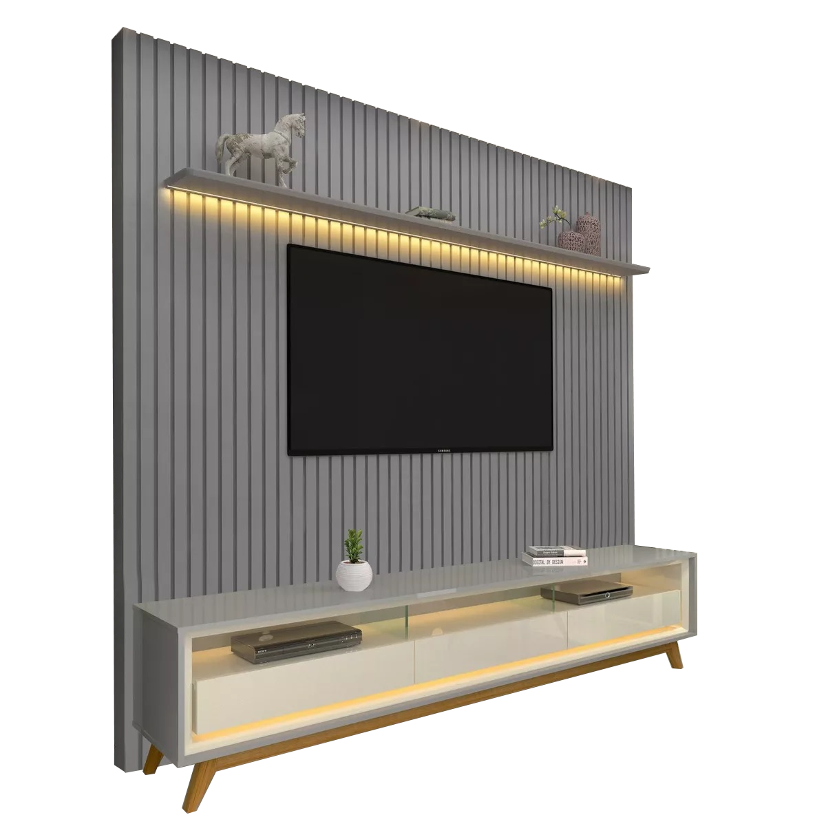 Painel até 85″ Nobre 230 Cinza + Rack Requinte 212 Cinza/Off White – GELIUS - Imagem 3