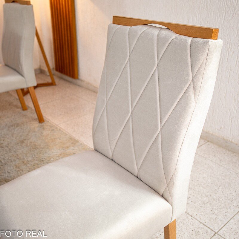 Mesa de Jantar Dubai Tampo Londres Cinamomo 160x80 6 Cadeiras Lisboa Veludo Bege 512 Madeira Maciça - Imagem 12