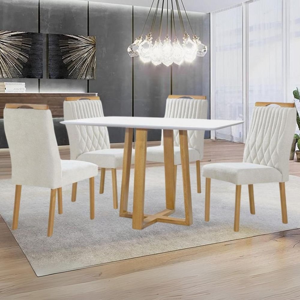 Mesa Pedro 120 Mel/Off White com 4 Cadeiras Gênova Veludo Marfim – ART ASSENTOS - Imagem 2
