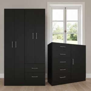 Guarda-Roupa 4 Portas Panamá 4002 + Cômoda 5 Gavetas Sapateira Miami Preto - FELLICCI