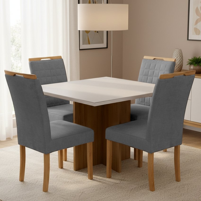 Mesa Salinas/Helô/Los Angeles 120 Cinamomo/Off White com Cadeiras Pandora 01 Veludo Cinza Grafite 414 – CEL MÓVEIS + CAR