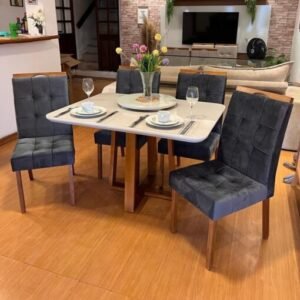 Mesa Pedro 90 Mel/Off White com 4 Cadeiras Sophia/Capri Mel/Veludo Grafite – ART ASSENTOS + WM DECOR
