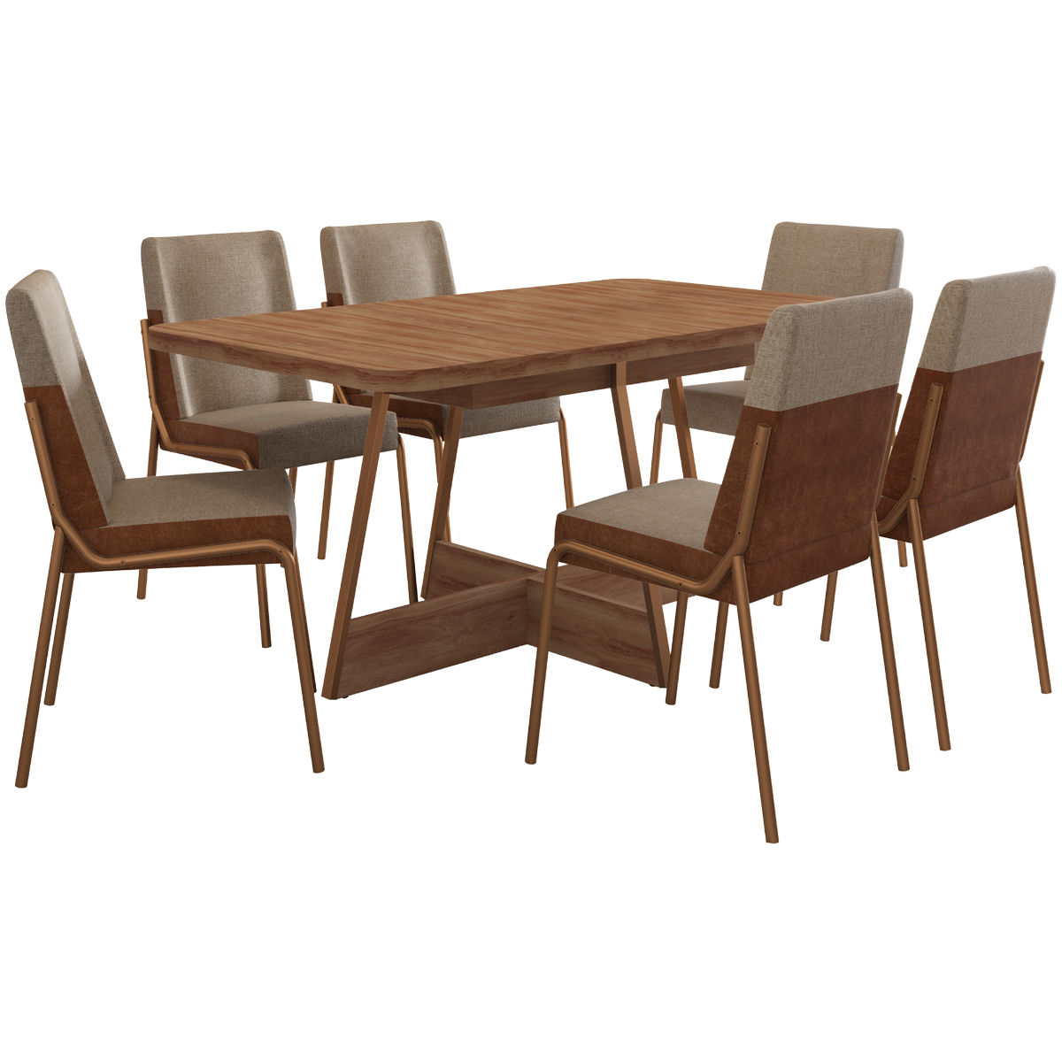Mesa Átria 1592 160 Rosê Cobre/Nogal Freijó com 6 Cadeiras Hug 1749 Rosê Cobre/Linho Areia/Corino Caramelo - CARRARO - Imagem 2