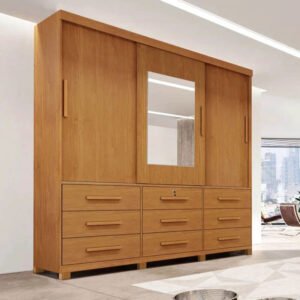 Roupeiro Casal Athenas Nature 3 Portas 9 Gavetas C/ Espelho e Pés 100% MDF Larg. 1.80m - Bianchi