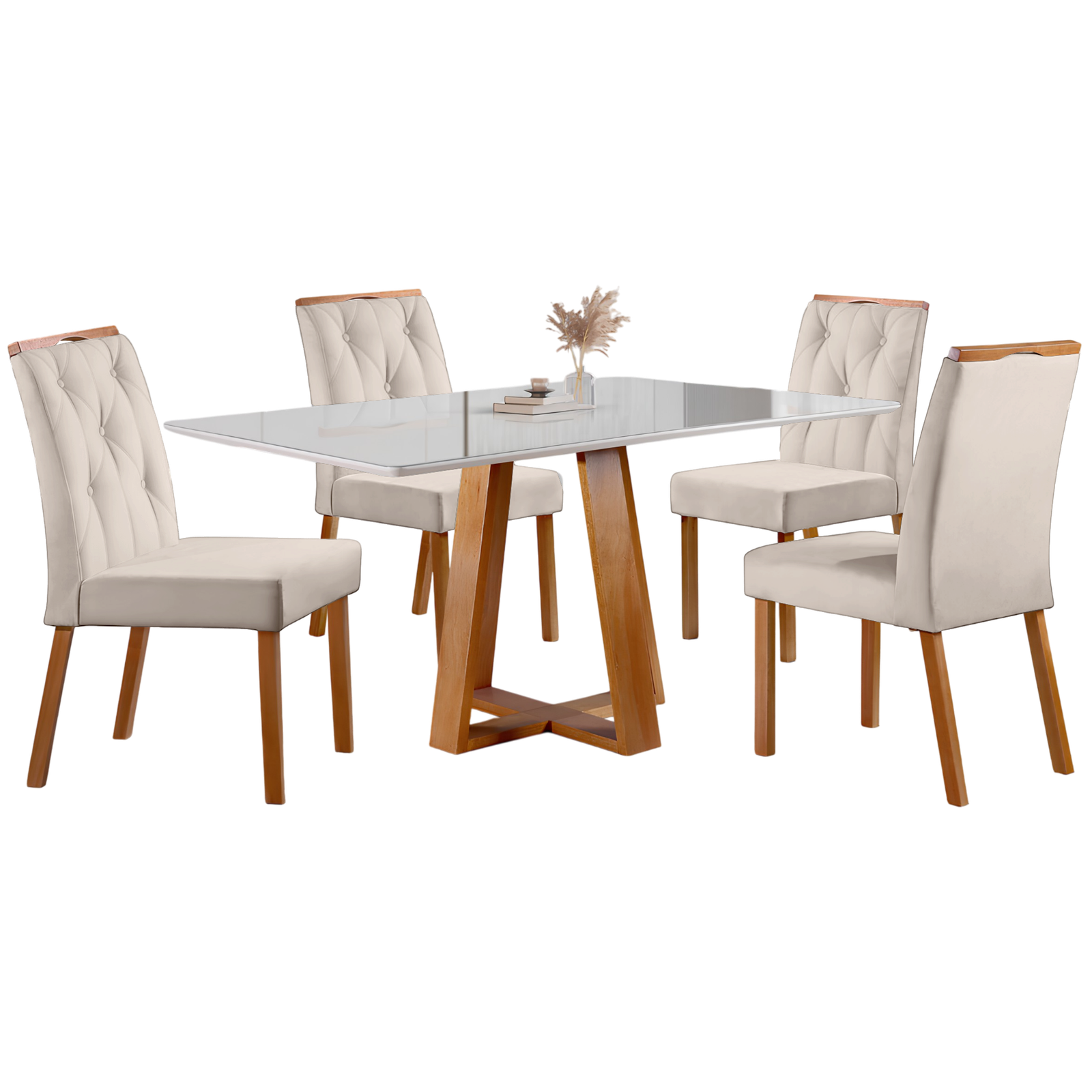 Mesa Ayres 120 Mel/Off White com 4 Cadeiras Yasmim Veludo Bege – VIEIRA DECOR - Imagem 3
