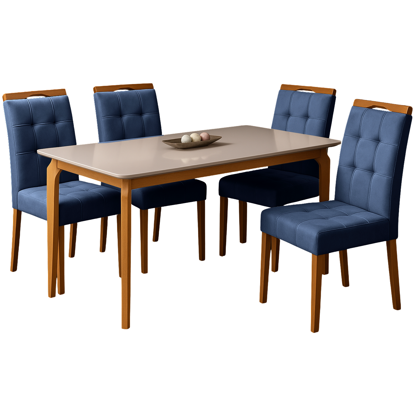 Mesa Alegra 120 Cinamomo/Off White com 4 Cadeiras Sophia Veludo Azul – JCM MOVELARIA + WM DECOR - Imagem 3