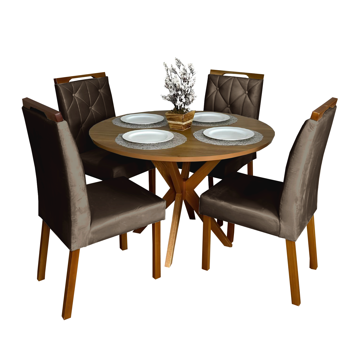 Mesa Redonda Simpatia 108 Cinamono com 4 Cadeiras Yasmim Veludo Marrom – JCM MOVELARIA + KM DECOR - Imagem 2