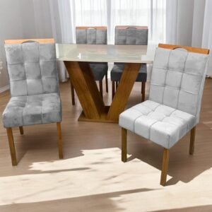 Mesa Classic 120 Cinamomo/Off White com 4 Cadeiras Sophia Mel/Linho Cinza Grafite – CEL MÓVEIS + WM DECOR