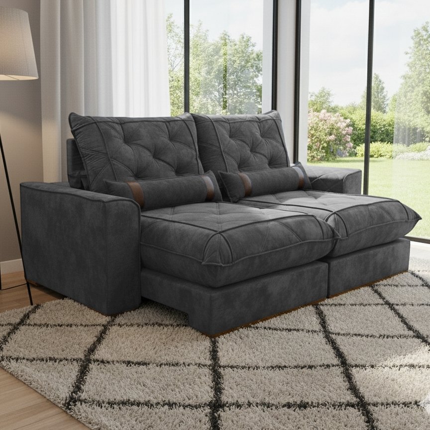 Sofá Retrátil e Reclinável Poseidon 029 2,50 m Veludo Cinza Grafite - VICAM ESTOFADOS