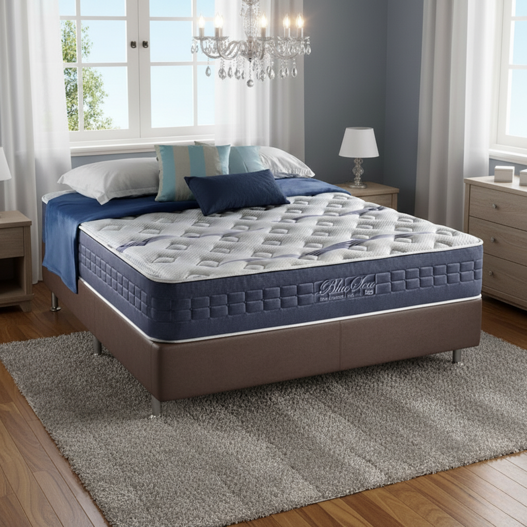 Colchão Casal Blue Sea D28 + Base Box Simples Corino Marrom – ANJOS COLCHÕES + BIOSTAR