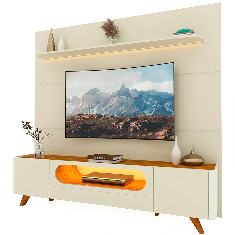 Painel até 85″ Royal 220 Off White + Rack Nobre 210 (Pés de Madeira) Off White/Naturale – GELIUS - Imagem 5
