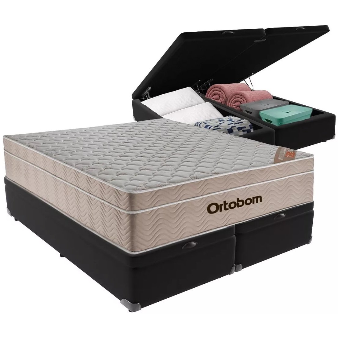 Colchão Queen Airtech Springpocket + Base Box Baú Corino Preto – ORTOBOM + ALTO NÍVEL CAMAS E COLCHÕES