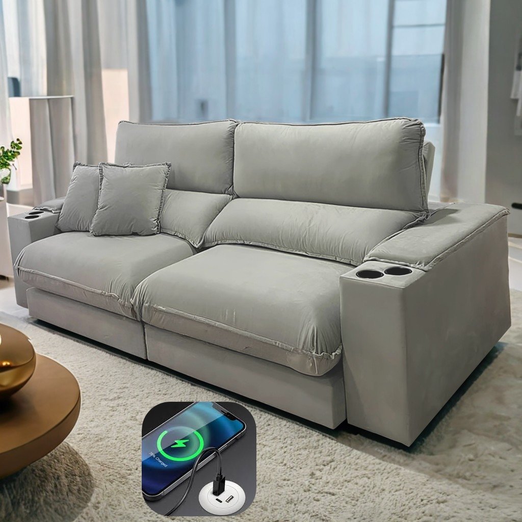 Sofá Retrátil e Reclinável Apogeu 2,90 m Veludo Prata 107 - ZARAT ESTOFADOS