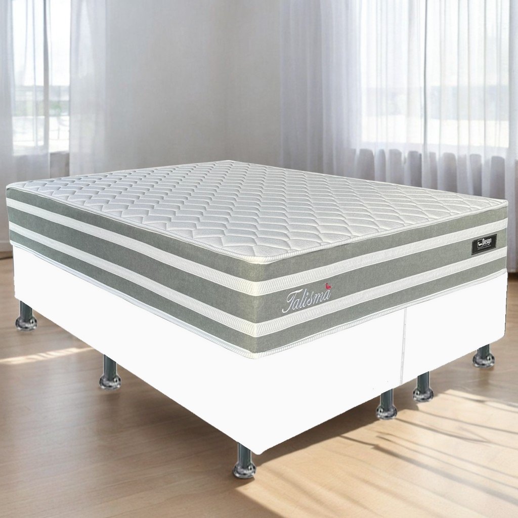 Colchão Queen Talismã D28 + Base Box Simples Corino Branco – DESIGN COLCHÕES + ALTO NÍVEL CAMAS E COLCHÕES