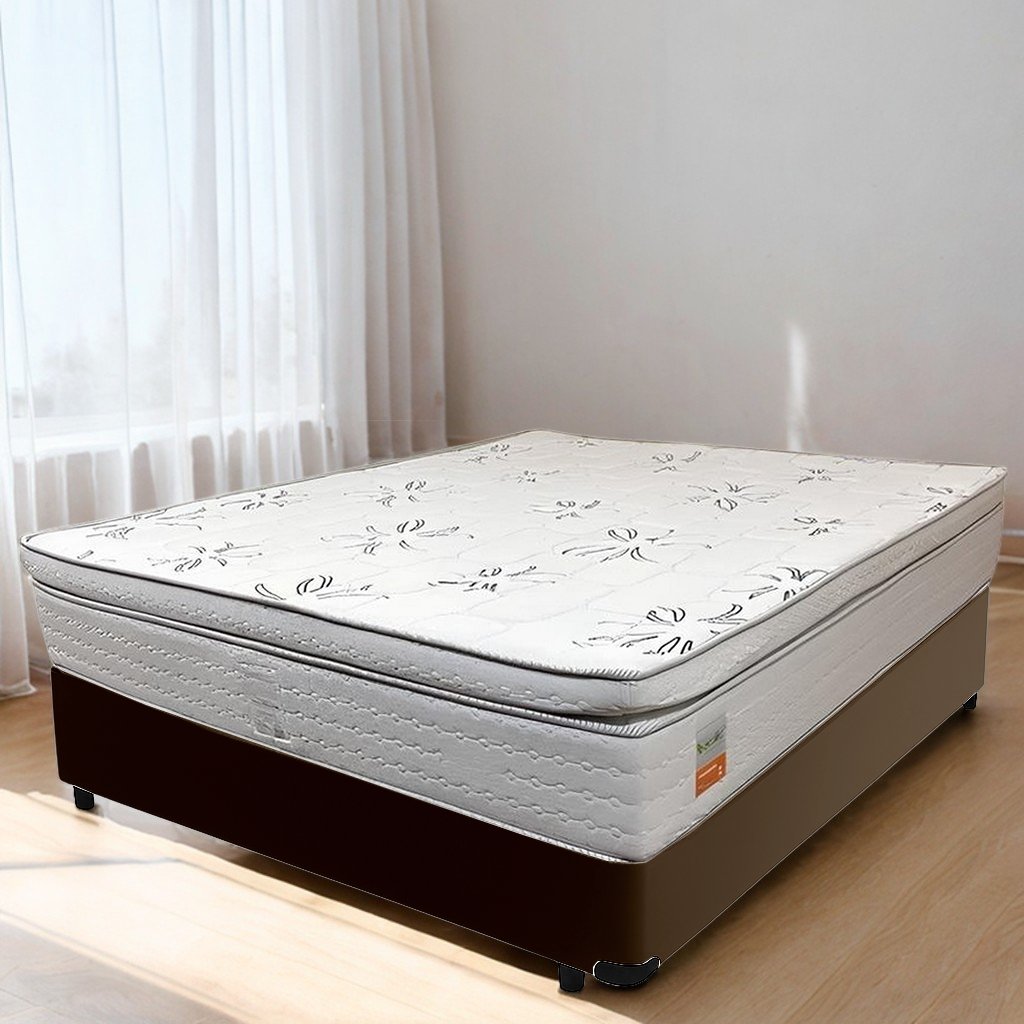 Colchão Casal New York D33 + Base Box Simples Corino Marrom – ECOTEC + ALTO NÍVEL CAMAS E COLCHÕES