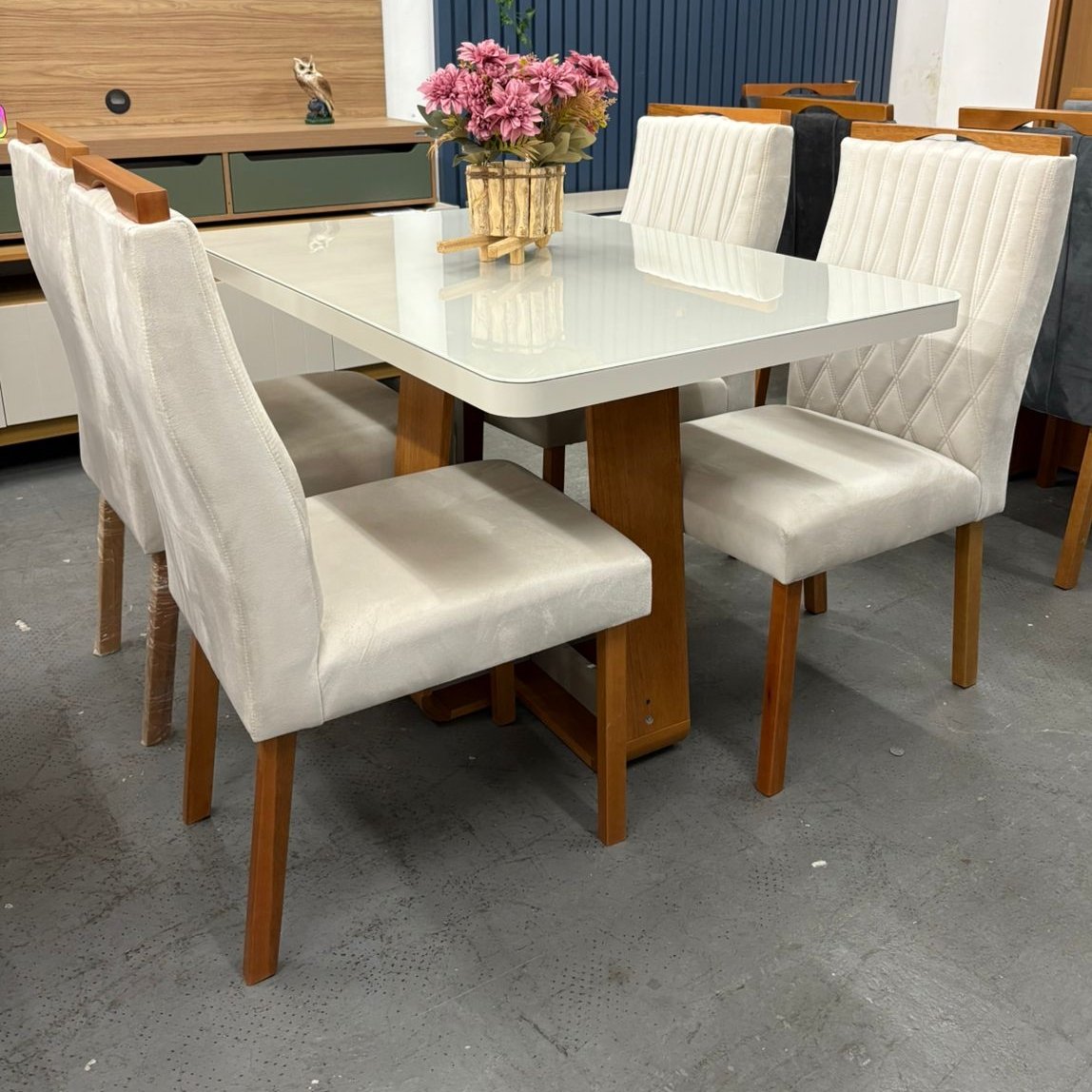 Mesa Sintonia (Tampo Maxi) 120 Amêndoa Clean/Off White com 4 Cadeiras Gênova Veludo Marfim – LOPAS + ART ASSENTOS - Imagem 2