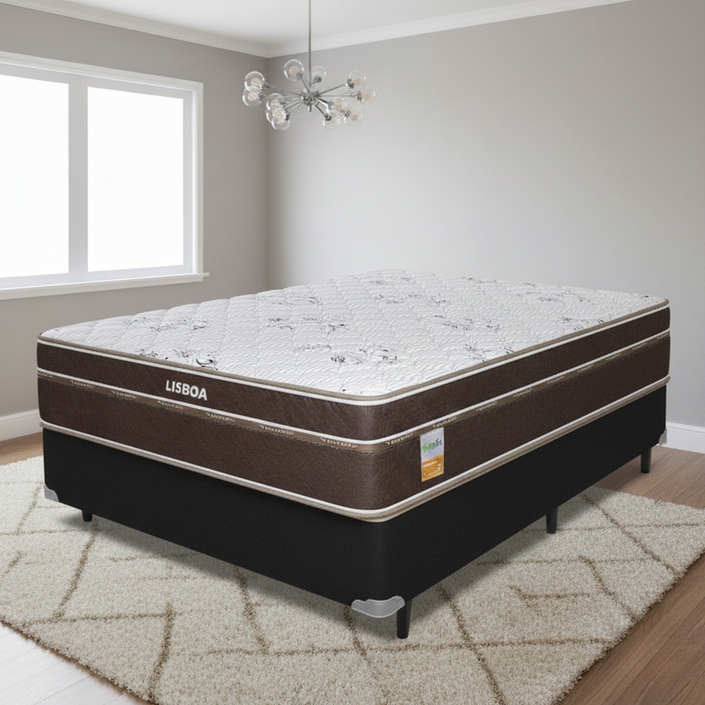 Colchão Casal Lisboa 24 cm D28 + Base Box Simples Corino Preto - ECOTEC + BIOSTAR
